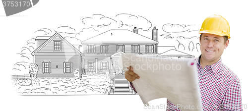 Image of Contractor Holding Blueprints Over Custom Drawing