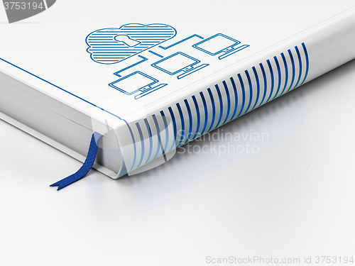 Image of Privacy concept: closed book, Cloud Network on white background
