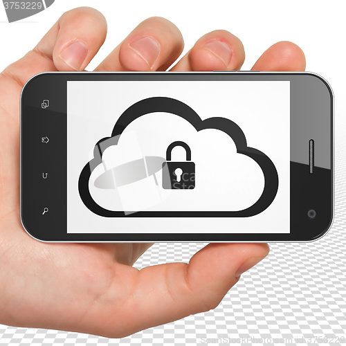 Image of Cloud networking concept: Hand Holding Smartphone with Cloud With Padlock on display