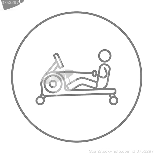 Image of Man exercising with gym apparatus line icon.