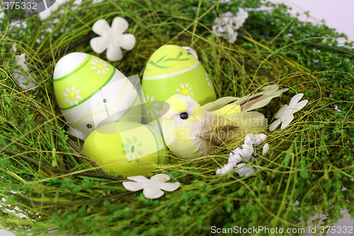 Image of green nest with small toy bird and eastereggs