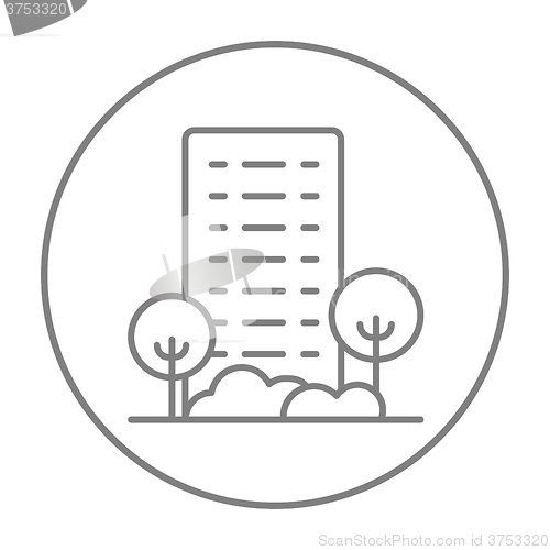 Image of Residential building with trees line icon.