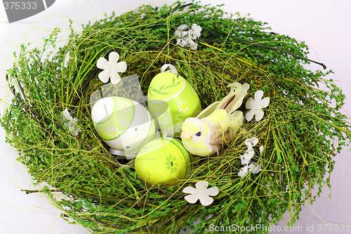 Image of green nest with small toy bird and eastereggs