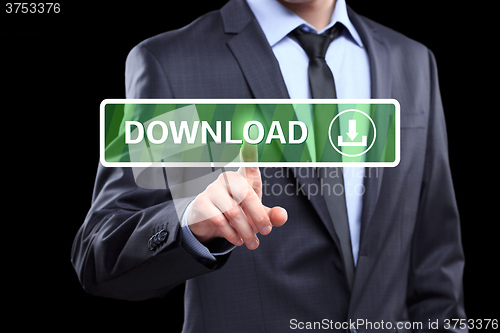 Image of Businessman touching a download button on virtual screen. internet concept