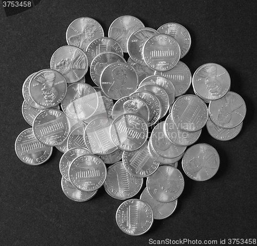 Image of Black and white Dollar coins 1 cent wheat penny