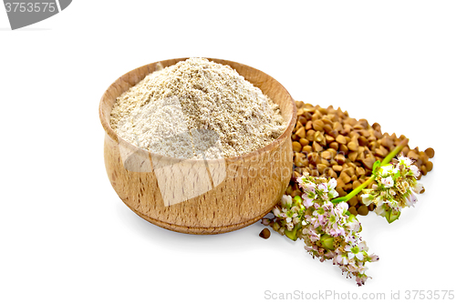 Image of Flour buckwheat in bowl with cereals and flower