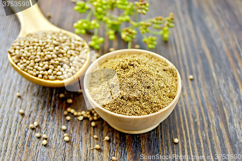 Image of Coriander in bowl and spoon on dark board