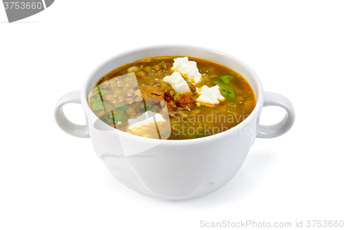 Image of Soup lentil with spinach and cheese in white bowl