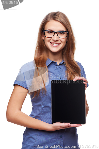 Image of Business woman showing blank black digital tablet computer screen