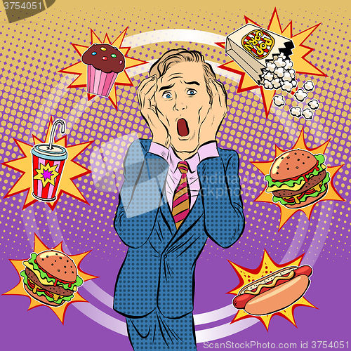 Image of Fast food man unhealthy diet panic