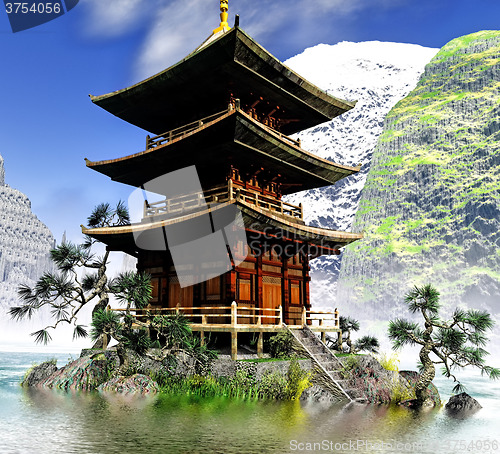 Image of Buddhist Temple in rocky mountains