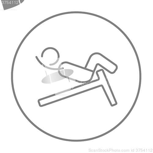 Image of Man doing crunches on incline bench line icon.