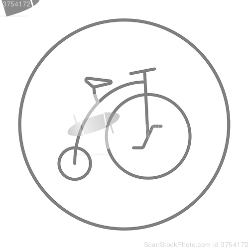 Image of Old bicycle with big wheel line icon.