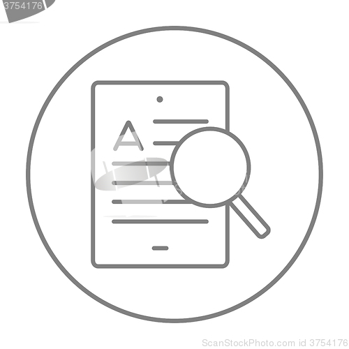 Image of Tablet and magnifying glass line icon.