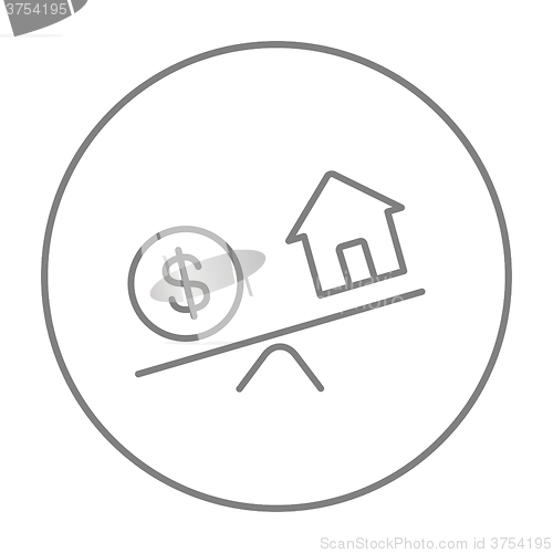 Image of House and dollar symbol on scales line icon.