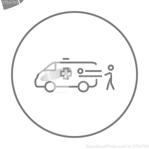 Image of Man with patient and ambulance car line icon.