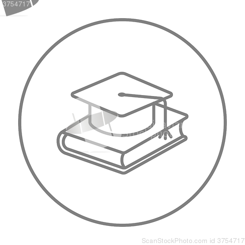 Image of Graduation cap laying on book line icon.