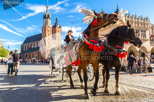 Image of Horse carriages at main square in Krakow