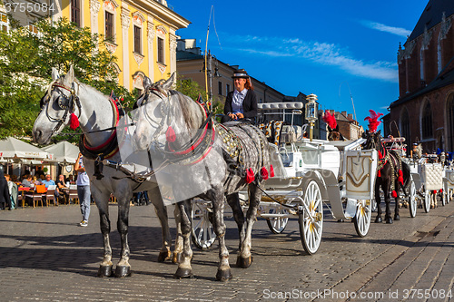 Image of Horse carriages at main square in Krakow