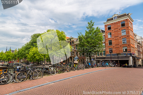 Image of Bicycles on a bridge over the canals of Amsterdam