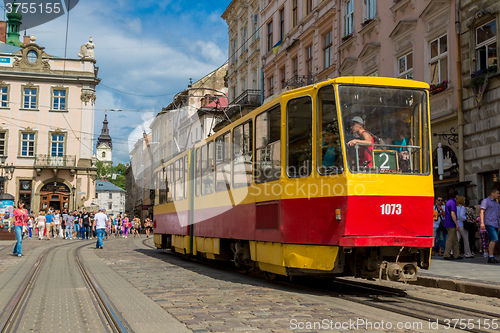 Image of Old  tram is in the historic center of Lviv.