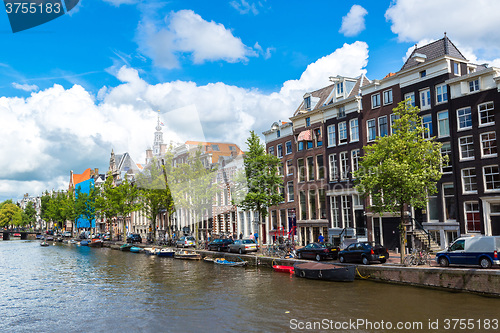 Image of Amsterdam canals and  boats, Holland, Netherlands.