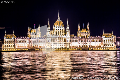 Image of Budapest Parliament building in Hungary at twilight.