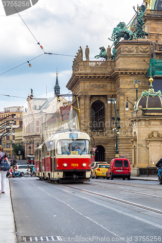 Image of Prague red Tram detail, Czech Republic