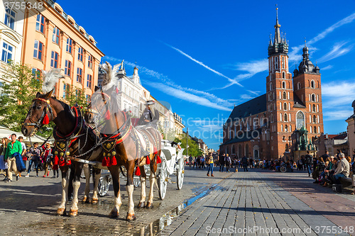 Image of Horse carriages at main square in Krakow