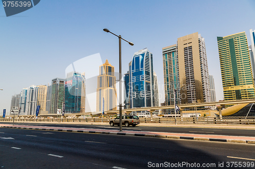 Image of Dubai downtown. East, United Arab Emirates architecture