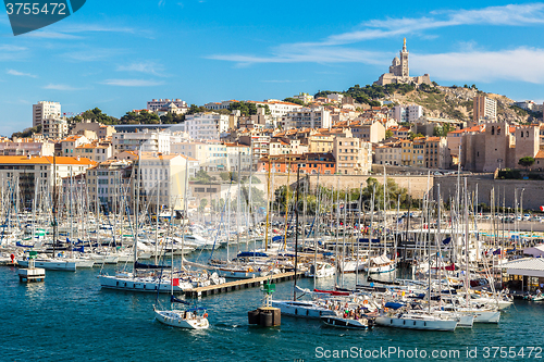 Image of Notre Dame de la Garde and olf port in Marseille, France