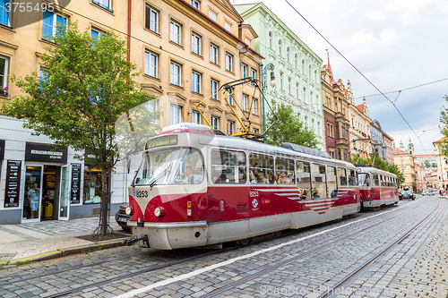 Image of Prague red Tram detail, Czech Republic