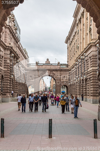 Image of Arch of parliament and Drottninggatan street in Stockholm, Swede