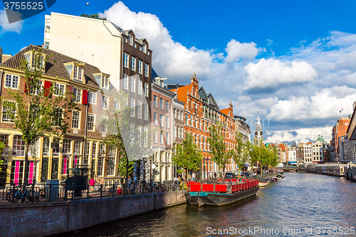 Image of Amsterdam canals and  boats, Holland, Netherlands.