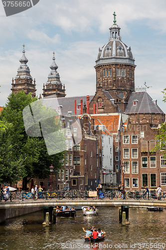 Image of Canal and St. Nicolas Church in Amsterdam