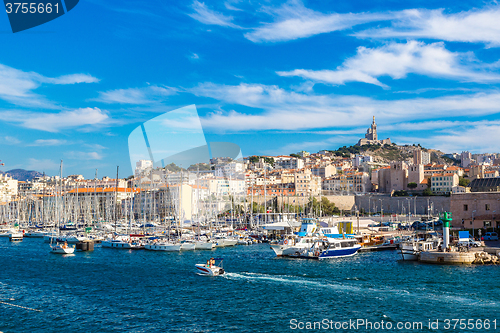 Image of Notre Dame de la Garde and olf port in Marseille, France