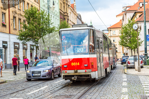 Image of Prague red Tram detail, Czech Republic