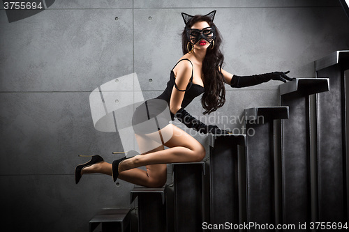 Image of sexy woman in catwoman suit lying on stairs