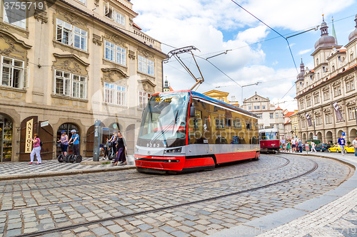 Image of Prague red Tram detail, Czech Republic