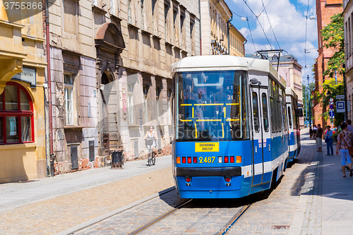 Image of Blue city tram in Wroclaw,