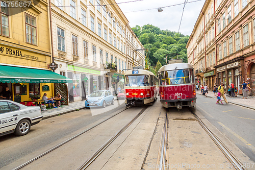 Image of Prague red Tram detail, Czech Republic