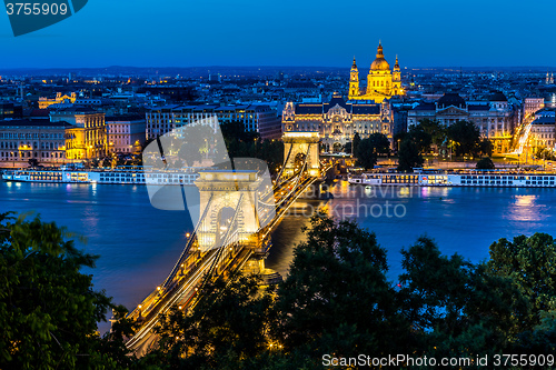 Image of Panorama of Budapest, Hungary, with the Chain Bridge and the Par