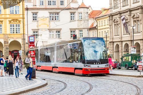 Image of Prague red Tram detail, Czech Republic