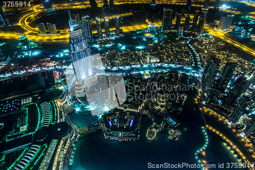 Image of Address Hotel at night in the downtown Dubai area overlooks the 