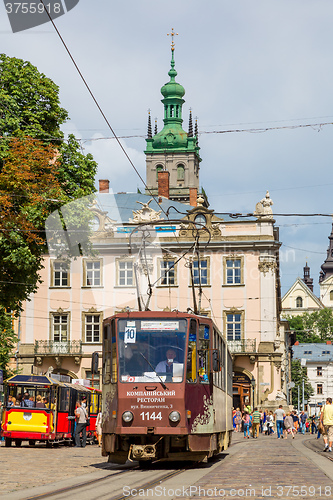 Image of Old  tram is in the historic center of Lviv.