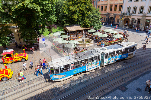 Image of Old  tram is in the historic center of Lviv.