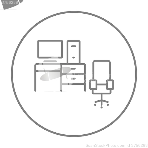 Image of Computer set with table and chair line icon.