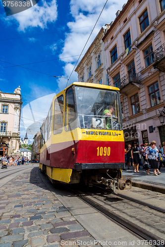 Image of Old  tram is in the historic center of Lviv.