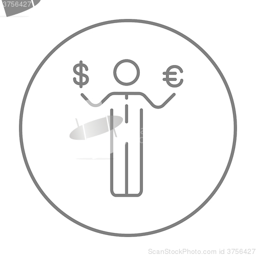 Image of Businessman holding Euro and US dollar line icon.