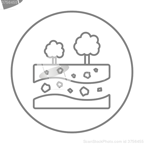 Image of Cut of soil with different layers and trees on top line icon.